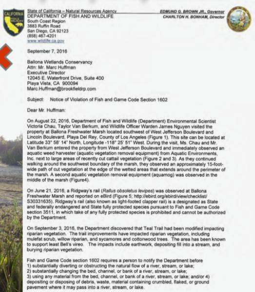 Violation.Letter.to_.Marc_.Huffman.of_.Brookfield.and_.Ballona.Wetlands.Conservancy.from_.Fish_.and_.Game_.for_.destruction.in_.Riparian.Corridor.diverting.water_.burying.vegetation.disposing.of_.debris.endangering.protected.Ridgways.rail_.jpg